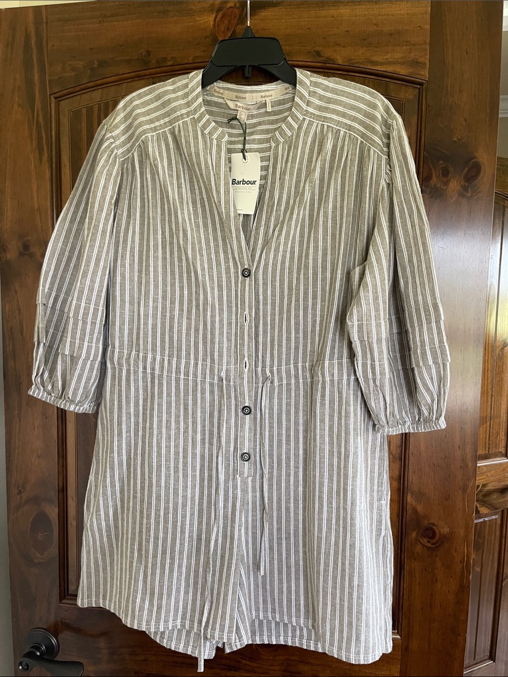 Barbour Gray and White Striped Midi Shirt Dress